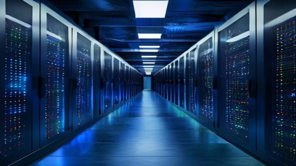 Rows of servers inside a large data centre hall
