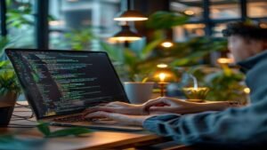 Developer writing code on a laptop at a shared workspace