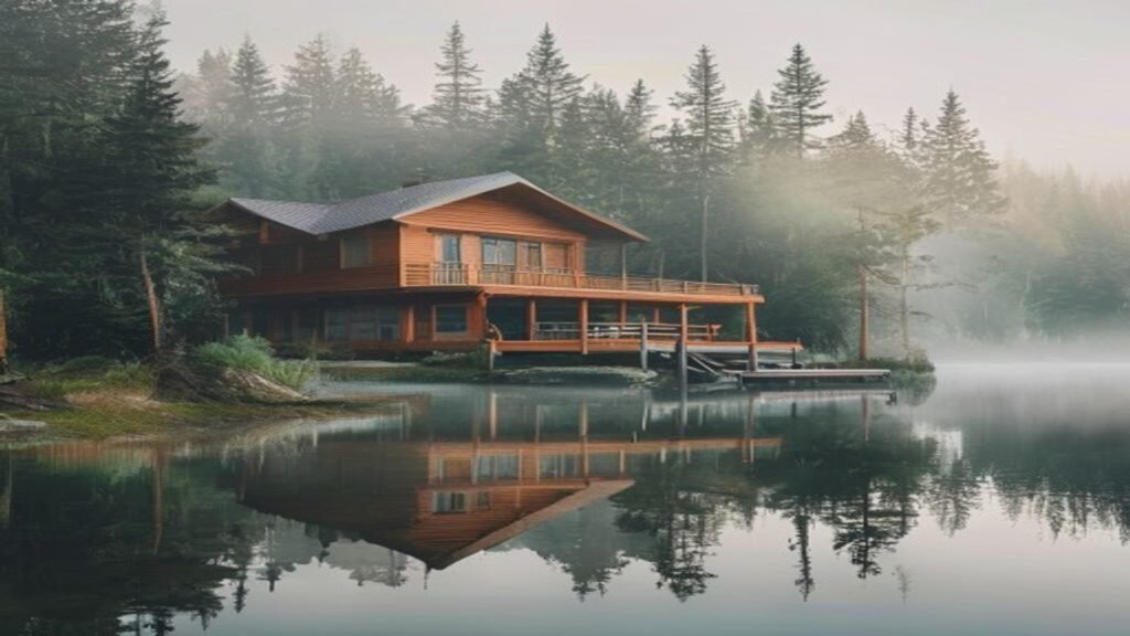 Lakeside vacation home surrounded by pine trees