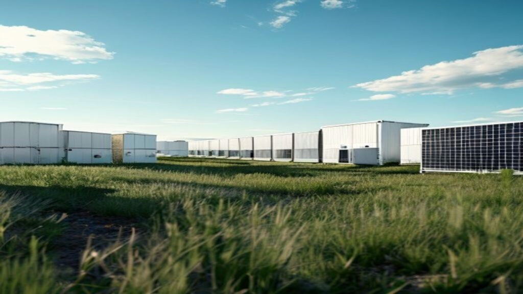Grid scale battery storage units beside a solar farm