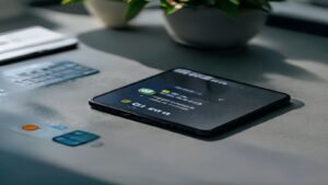 Credit card and smartphone banking app on a desk