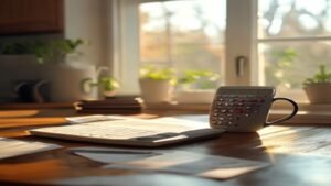 Tax forms and calculator on a kitchen table