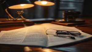 Annual report financial filing open on a desk with reading glasses