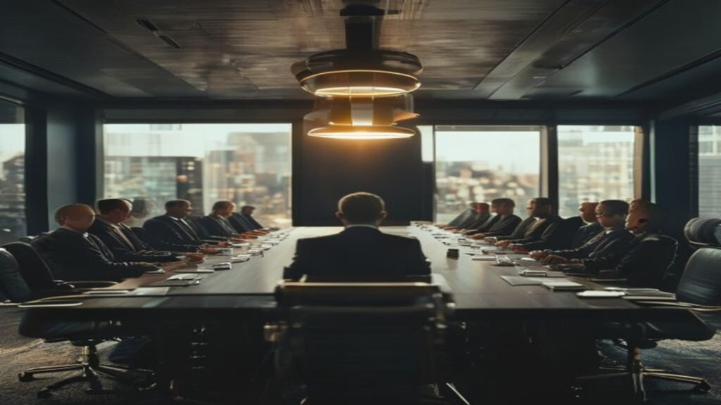 Corporate board meeting around a long polished table