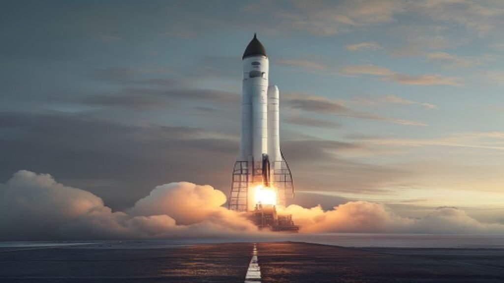 Rocket booster standing on a launch pad at dawn
