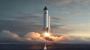 Rocket booster standing on a launch pad at dawn