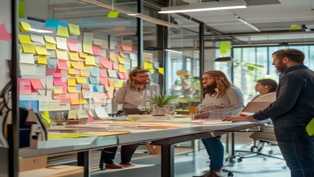 Employees in a workshop session inside a modern office