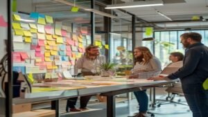 Employees in a workshop session inside a modern office