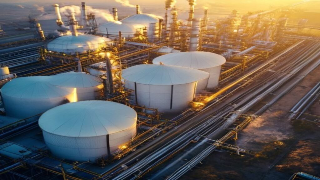 Oil storage tanks at a refinery under evening sky